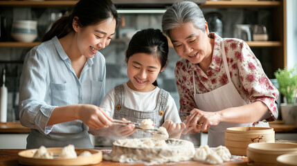 asian family is preparing new year dumplings