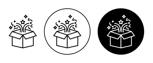 Magic box icon set. creative open gift surprise vector symbol in a black filled and outlined style. Present box explosion sign. - obrazy, fototapety, plakaty