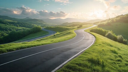 A sleek modern highway curving gracefully through a lush green landscape at sunset