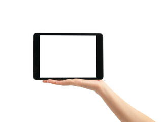 Hand holding the digital tablet with blank screen on white background.