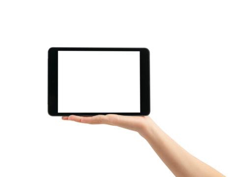 Hand holding the digital tablet with blank screen on white background.