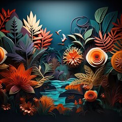 Fototapeta na wymiar Fantasy Landscape with Flowers and Swimming Mermaid