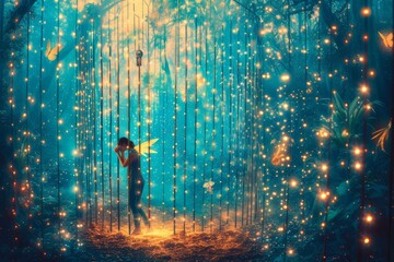 mystical forest with a glowing fairy in a cage - obrazy, fototapety, plakaty