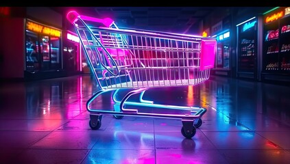Retail and commerce concept with shopping cart business sales and marketing. Online shopping and e commerce cart technology. Empty supermarket representing discount purchase and retail trade - obrazy, fototapety, plakaty