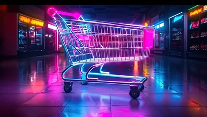 Fotobehang Retail and commerce concept with shopping cart business sales and marketing. Online shopping and e commerce cart technology. Empty supermarket representing discount purchase and retail trade © Thares2020