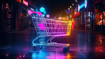 Retail and commerce concept with shopping cart business sales and marketing. Online shopping and e commerce cart technology. Empty supermarket representing discount purchase and retail trade