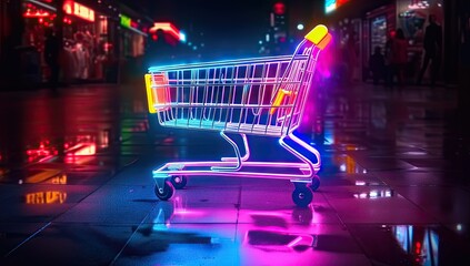 Retail and commerce concept with shopping cart business sales and marketing. Online shopping and e commerce cart technology. Empty supermarket representing discount purchase and retail trade