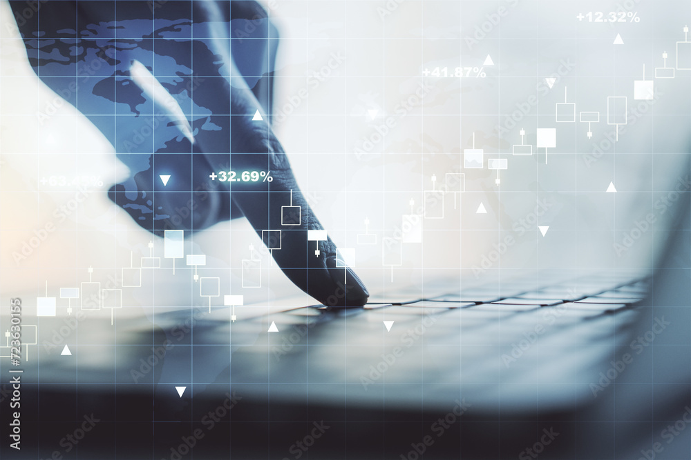 Poster multi exposure of abstract creative financial graph with world map and hand typing on laptop on back