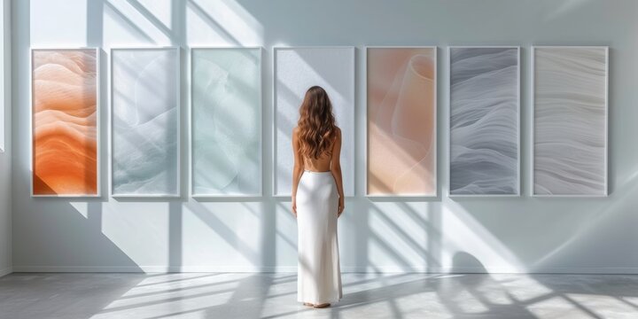 Woman Contemplating Abstract Art in Gallery.