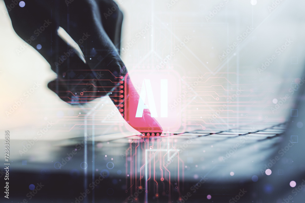 Poster creative artificial intelligence symbol concept with hands typing on computer keyboard on background