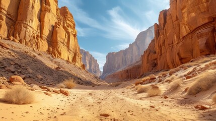 Majestic desert canyon entrance with towering sandstone cliffs under a clear sky