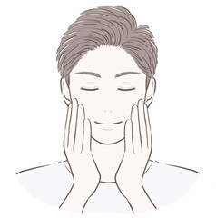 正面で両手を頬に当てる短髪の男性　閉眼