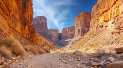 Majestic desert canyon entrance with towering sandstone cliffs under a clear sky - obrazy, fototapety, plakaty