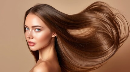 Fototapeta premium Brunette woman with long straight hair flowing in the wind