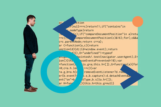 Creative poster collage of worker man manager programmer data science coding app data optimization weird freak bizarre unusual fantasy