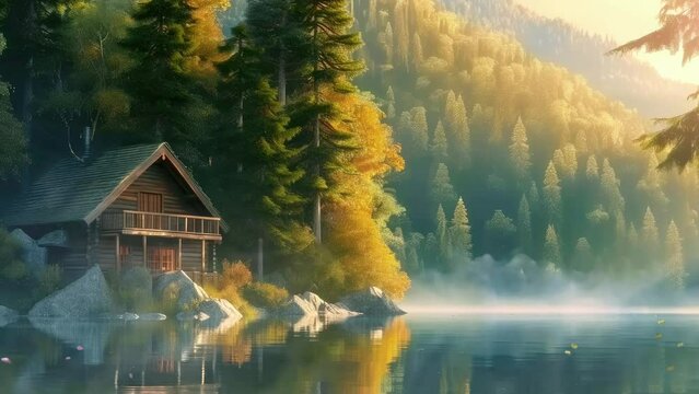 Fantasy Nature Landscape View. Traditional House on A Beautiful Lake with Calm Waters. Animation with Anime or Japanese Cartoon Acrylic Painting Style