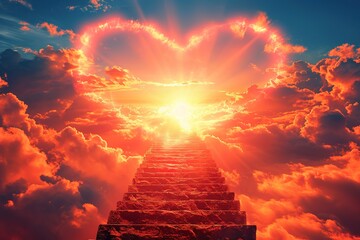 Ethereal image of staircase ascending towards a radiant sun, set against a dramatic red and orange sky, evoking the concept of a stairway to heaven.