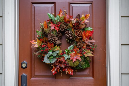 A festive Thanksgiving wreath hanging on a front door