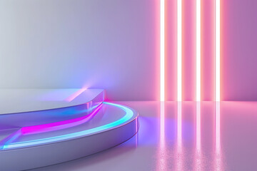 Abstract futuristic stage white podium wall led neon pink background.