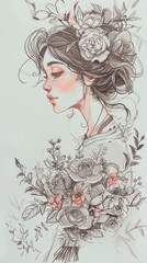 A drawing of a woman with flowers in her hair