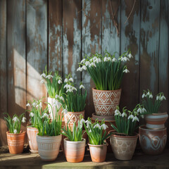 Several clay pots decorated with a white pattern with lush bouquets of snowdrops on the background of an old wooden fence