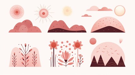 A set of illustrations of mountains, trees, and flowers