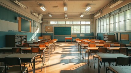 Tables and chairs inside an empty classroom