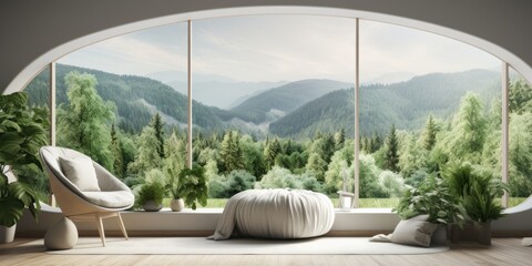 Fototapeta na wymiar Scandinavian interior design with green landscape view in .