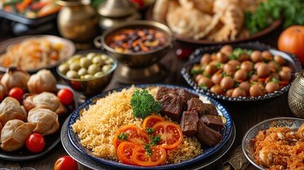 Diverse Spread of Food for Ramadan Iftaar or Suhoor on Table