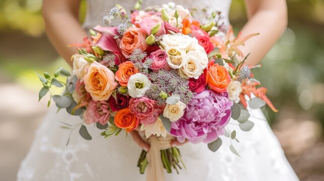 A bride holding a bouquet of colorful flowers