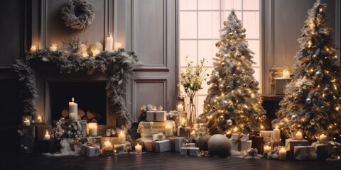 Selective focus highlights the interior of a beautifully decorated room for Christmas.