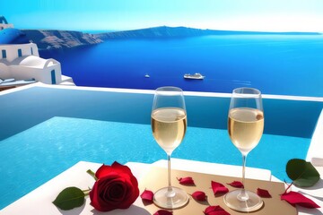 romantic drink at the sea at a santorini pool villa for honeymoon, valentine's day, mother's day,...