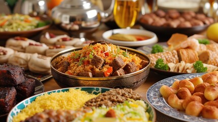 Bountiful Table Filled With Various Types of Food for Ramadan and Eid Celebration