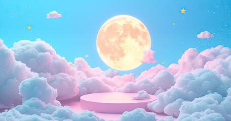 Moonlit sky with glowing full moon stars and clouds creating fantasy landscape. Night scene featuring bright starry space and abstract clouds. Dreamy moonlight background with luminous celestial