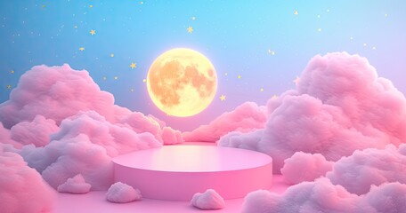 Obraz premium Moonlit sky with glowing full moon stars and clouds creating fantasy landscape. Night scene featuring bright starry space and abstract clouds. Dreamy moonlight background with luminous celestial