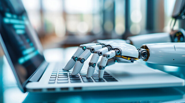 Robot Technology Machine: Artificial Hand Laptop in Computer Finger with Future Digital Intelligence and Ai Futuristic Keyboard