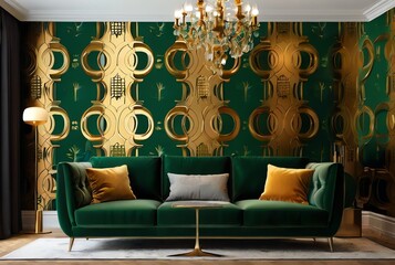 Modern living room with green wallpaper and gold celebration background from Generative AI