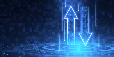 Abstract up and down arrows on dark blue backdrop. The concept of digital traffic or exchange. Business growth or investment ideas. Blue arrow technology background. 3D Rendering.