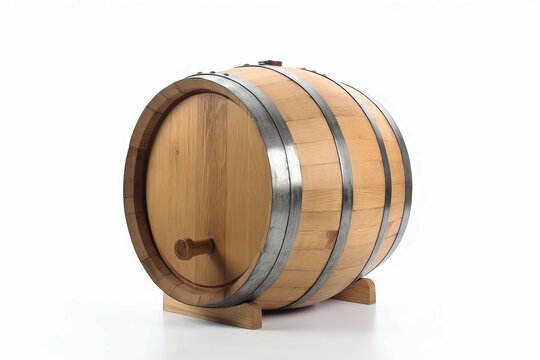 Wooden barrel on a white background with steel fasteners. Container for wine, oil, water, vinegar on stand. Generate Ai
