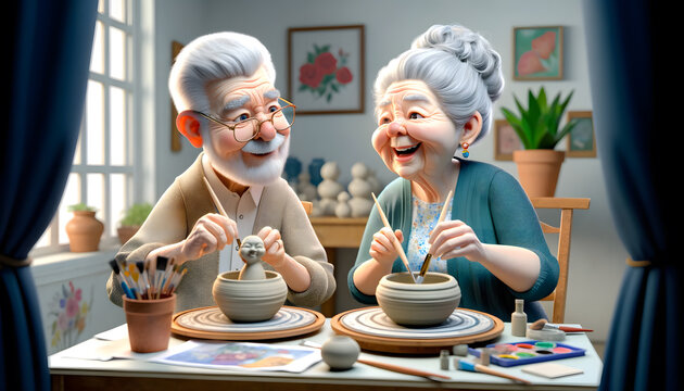 Elderly Couple Enjoying Pottery Making. Generative AI