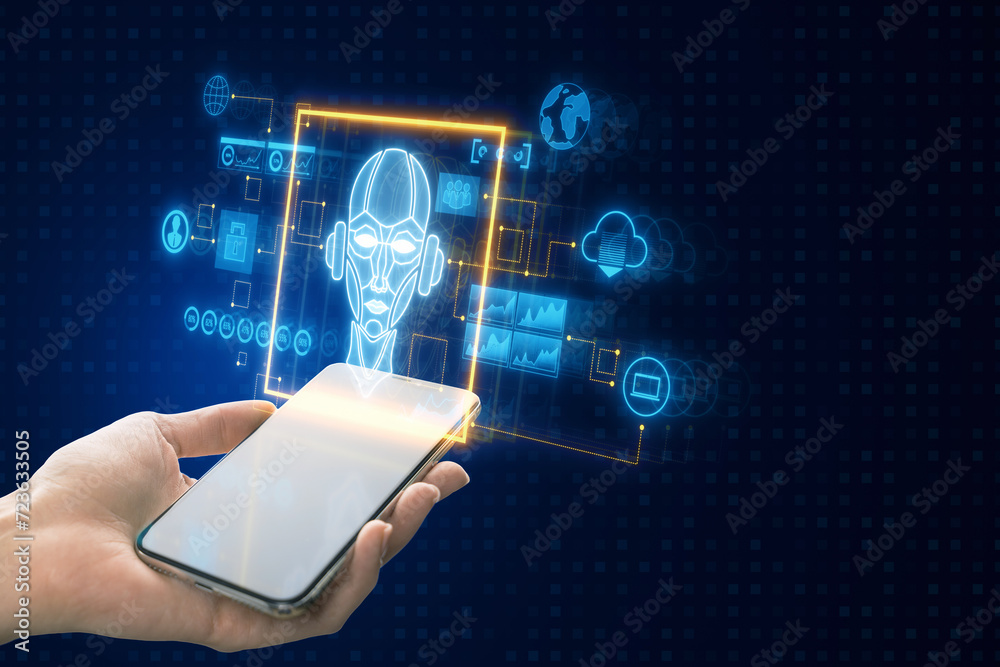 Poster Close up of hand holding cellphone with glowing ai hologram with icons and robot on dark blue background. Chat GPT and innovation concept.