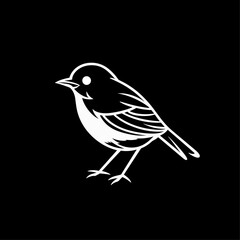 Minimalist Black and White Small Bird with Feather Puffed Out Vector Logo Design on Black Background