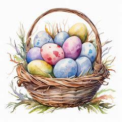 easter eggs in basket water color clipart 