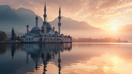 Fototapeta na wymiar Serene mosque by the lake at sunset with mountains in the background