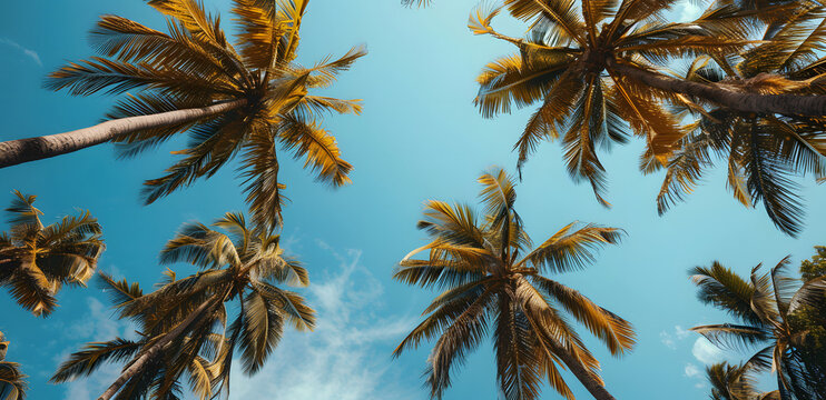 Palm trees on a Mexican beach during summer, create a vacation dadcore vibes. Scene with several palm trees against a weathercore blue horizon, nature-based patterns from a low angle perspective.