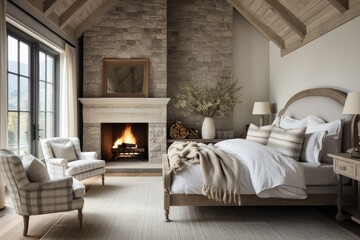 farmhouse country interior design. modern bedroom with wooden bed, classic armchairs and fireplace