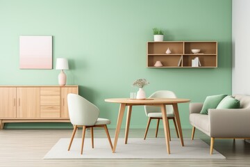 Mint color interior design of modern living room. round wooden dining table, sofa, cabinet near green wall