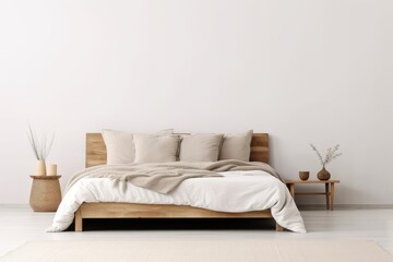 wooden bed against white wall. Scandinavian loft modern bedroom interior design