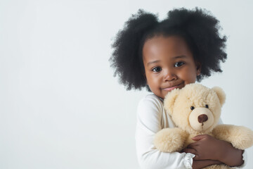 A little black girl hugging teddy bear on white studio background. Copy space