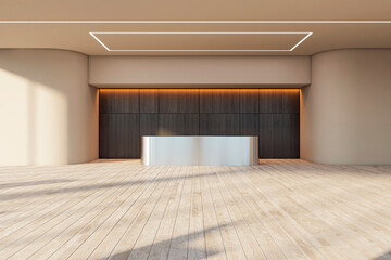 Elegant office reception with ambient lighting and wooden wall, minimalist design concept. 3D Rendering